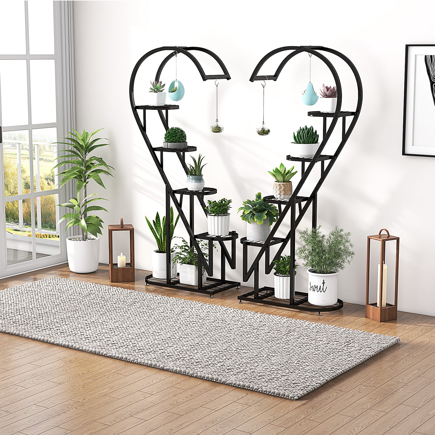 5-Tier Metal Heart-shaped Plant Stand with Hanging Hooks-Black
