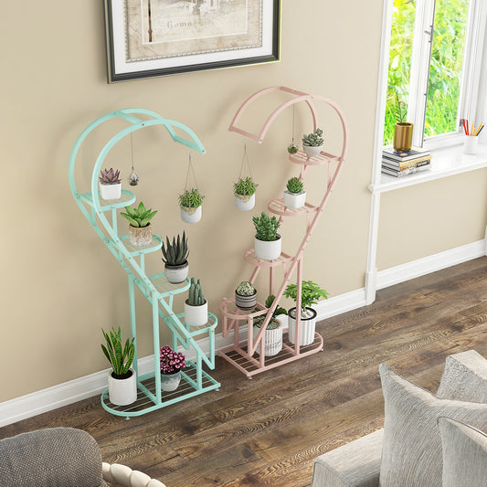 5-Tier Metal Heart-shaped Plant Stand with Hanging Hooks-Pink & Blue