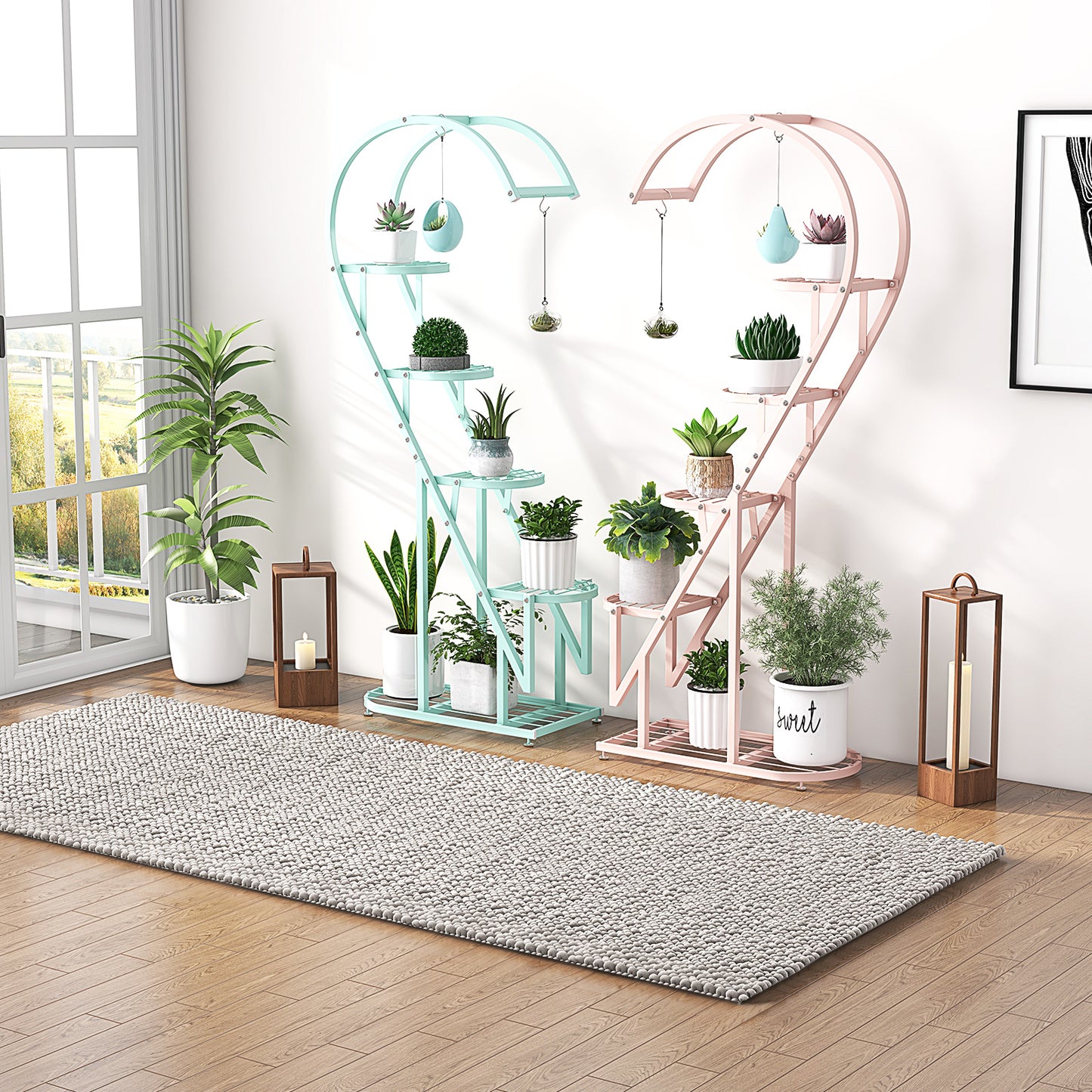 5-Tier Metal Heart-shaped Plant Stand with Hanging Hooks-Pink & Blue