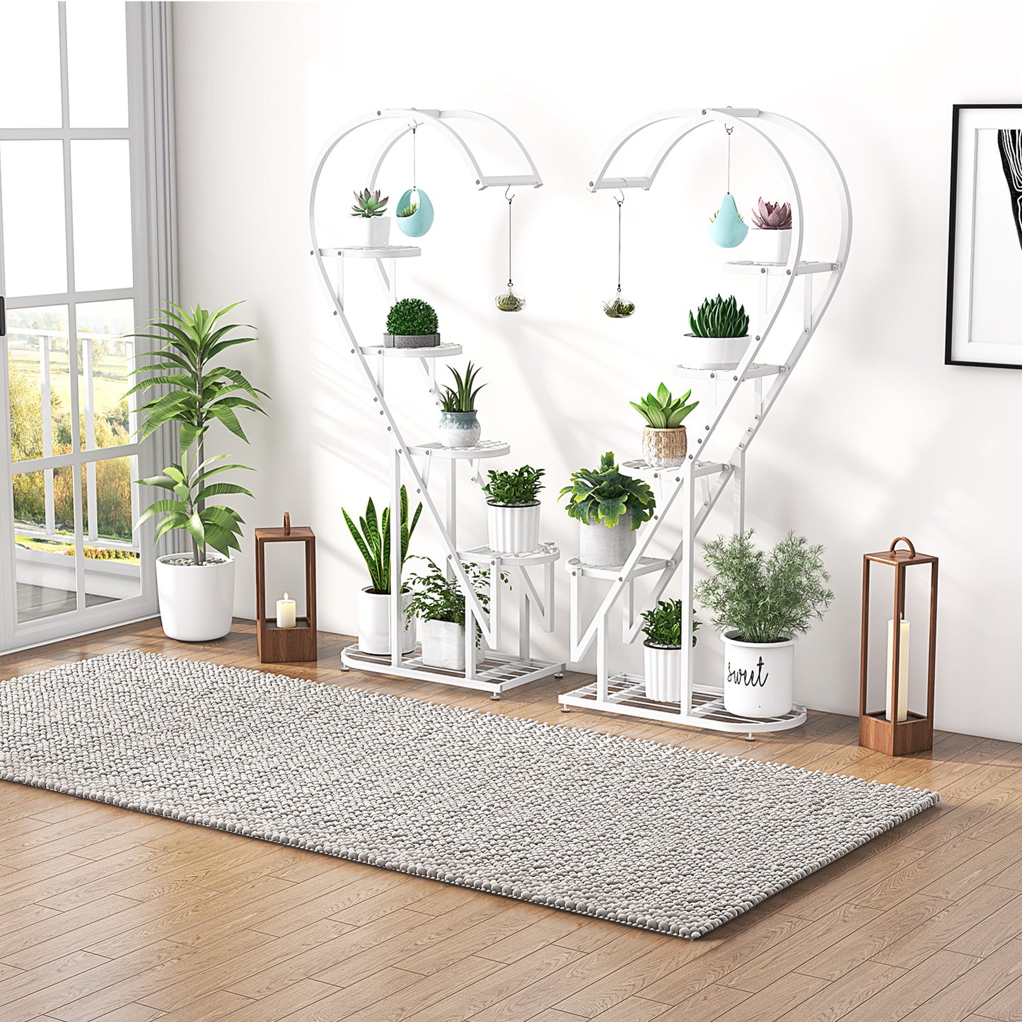 5-Tier Metal Heart-shaped Plant Stand with Hanging Hooks-White