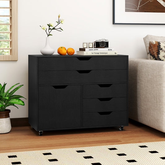 5-Drawer Chest with Door Mobile Chest of Drawers with 5 Casters-Black