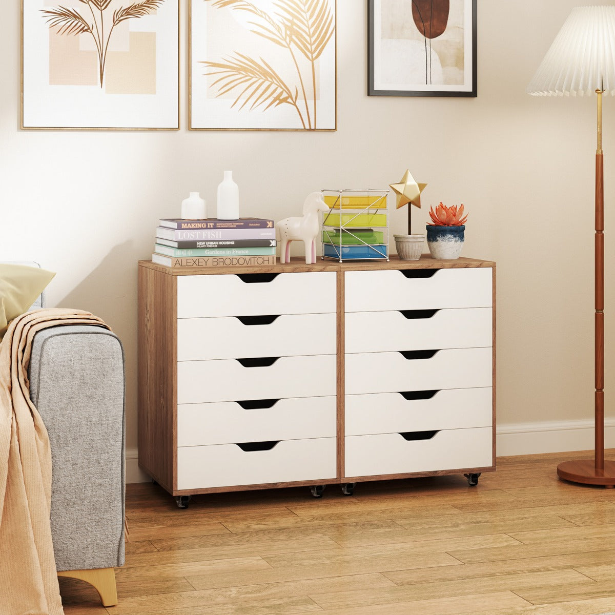 5 Drawer Chest with Wheels for Home and Office-Natural