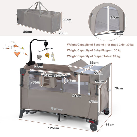 5-in-1 Baby Bassinet Bedside Sleeper with Diaper Changer and Hanging Toys-Sand Color