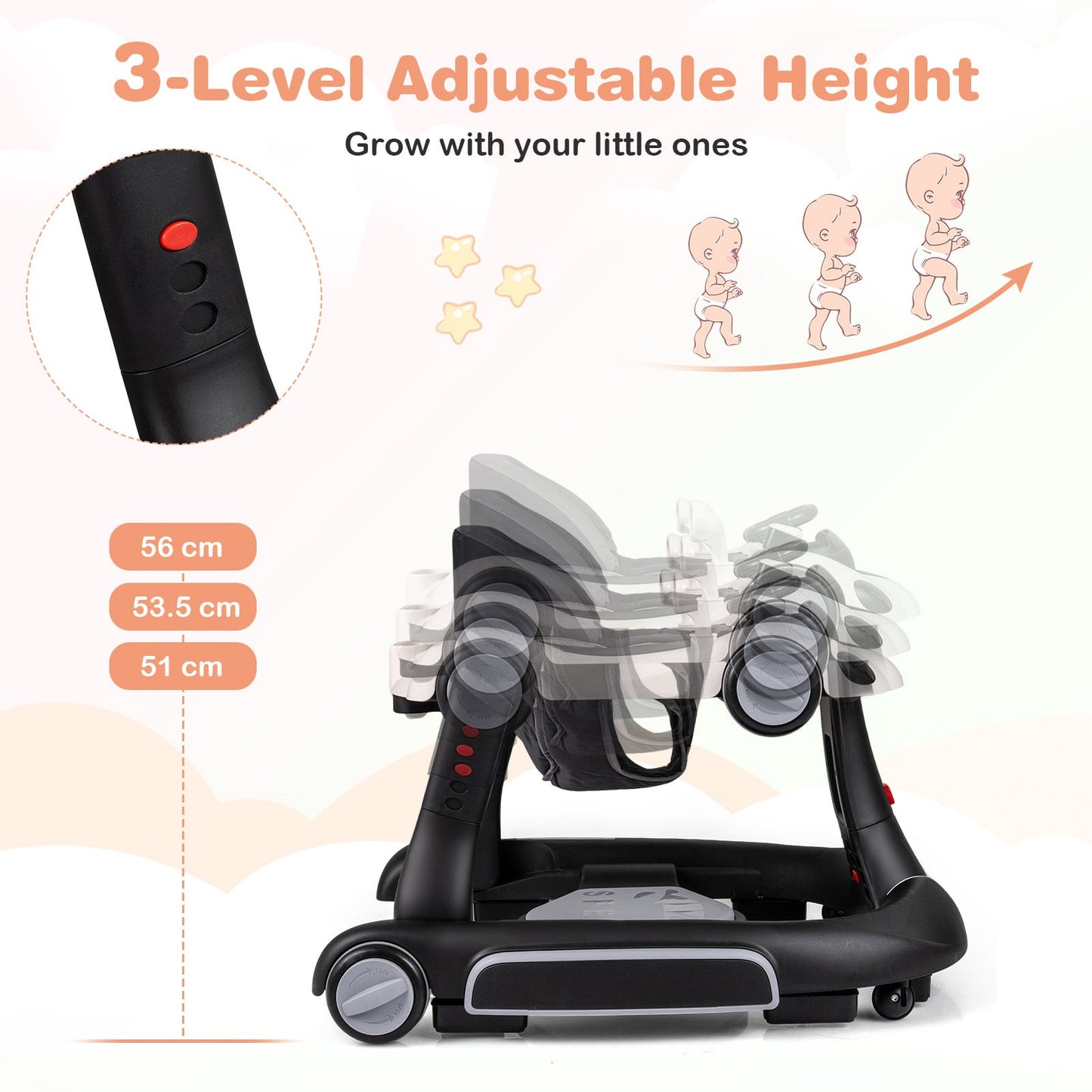 6-in-1 Baby Walker Toddler Push Car with Canopy and Wheels-Black