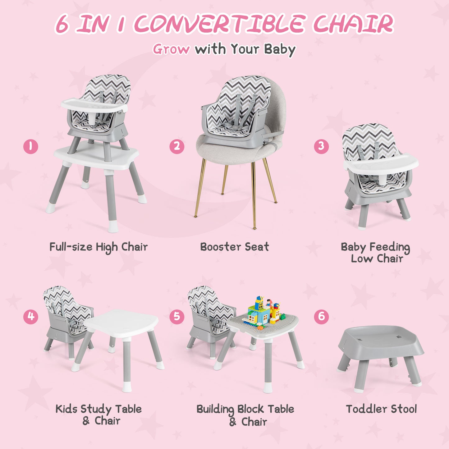 6-in-1 Baby High Chair with 5-Point Harness and Removable Tray-Gray & White
