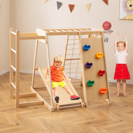 6-in-1 Jungle Gym with Slide and Rock Climbing for 3-14 Years Olds-Macaron