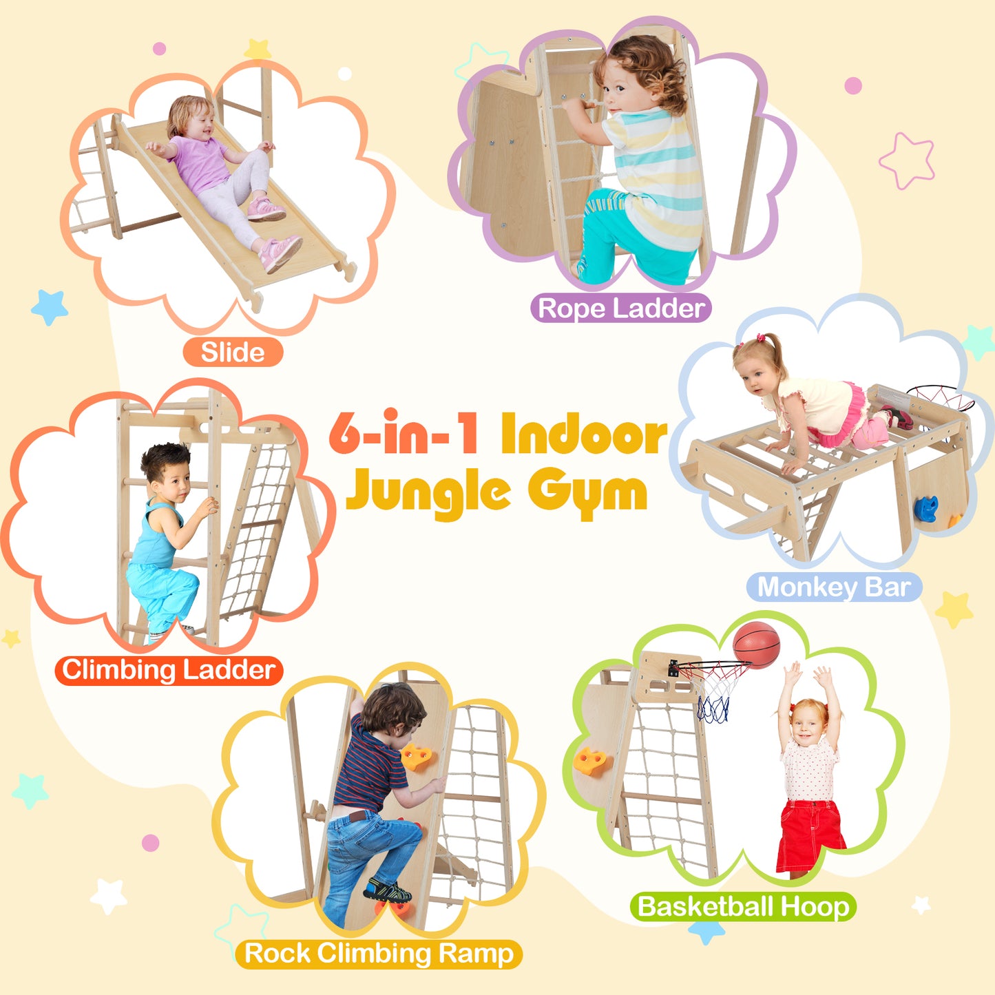 6-in-1 Jungle Gym with Slide and Rock Climbing for 3-14 Years Olds-Macaron