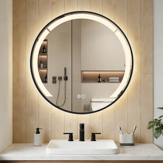 60 cm Round LED Bathroom Mirror with 3 Light Colors-Black