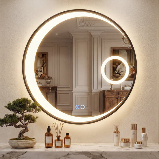 60 cm Round LED Bathroom Mirror with 3 Light Colors and Magnification Mirror-Black