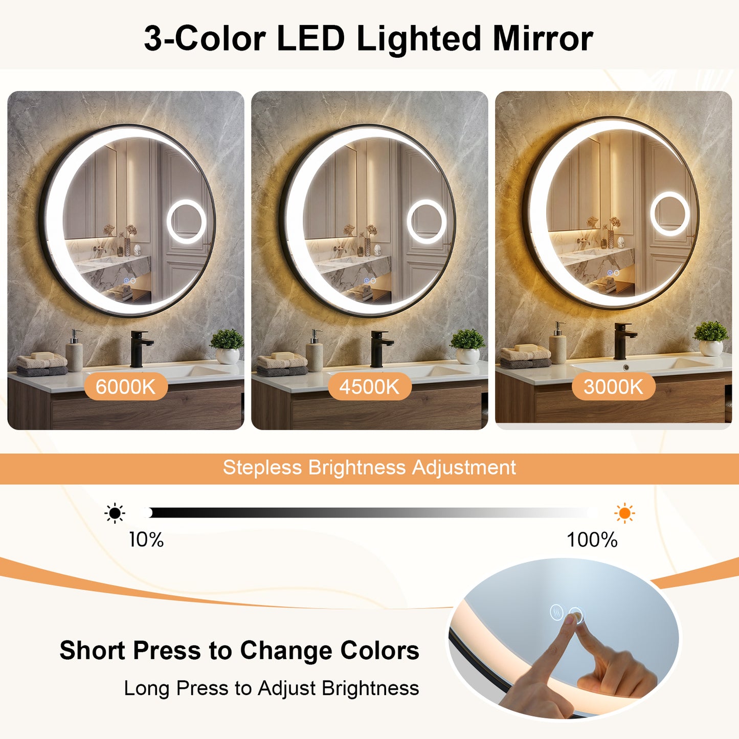60 cm Round LED Bathroom Mirror with 3 Light Colors and Magnification Mirror-Black