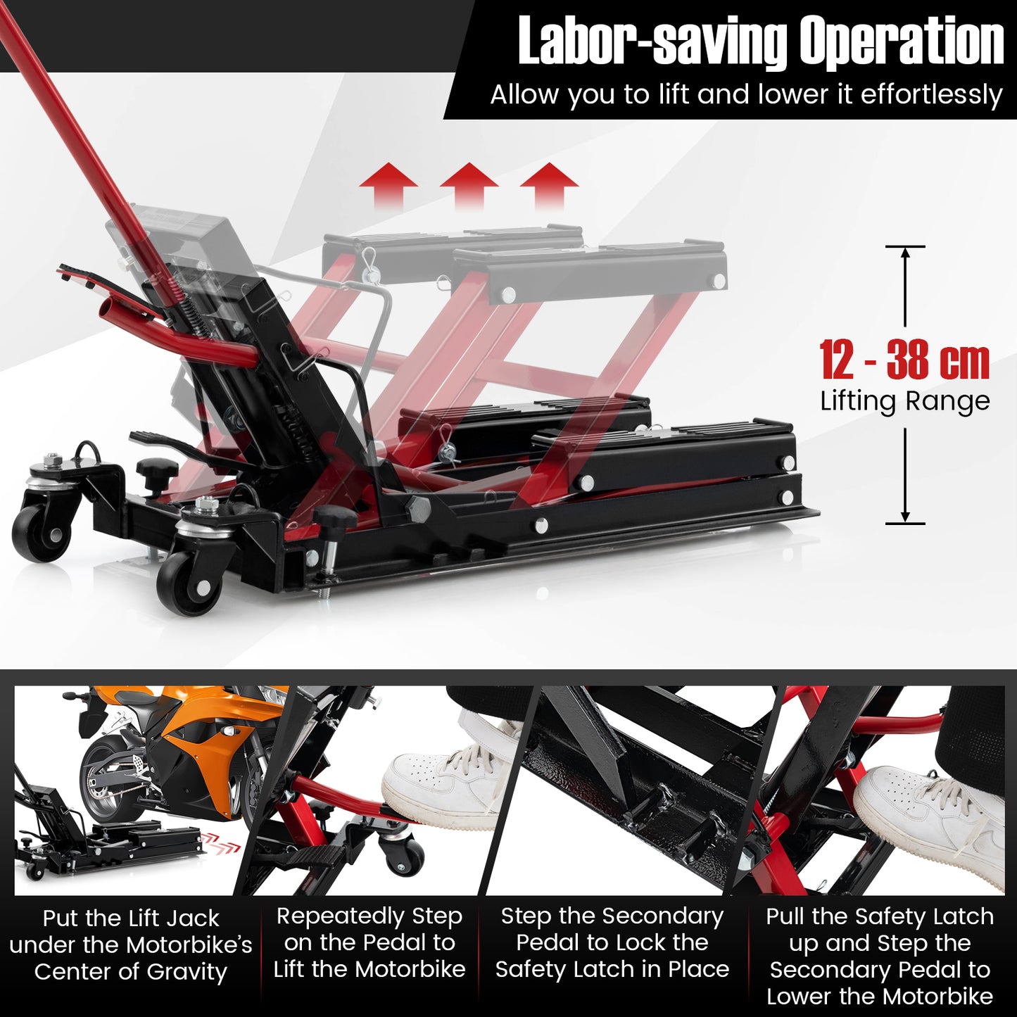 680KG Motorcycle Lift Jack with 4 Wheels and Footplates-Red