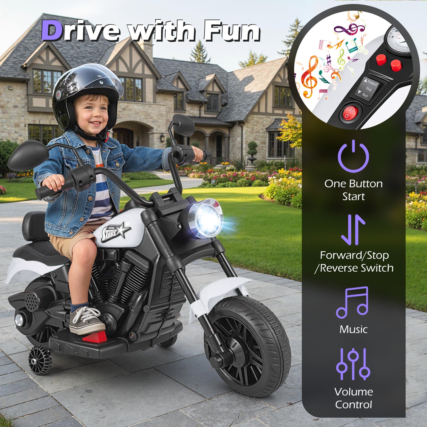 6V Kids Electric Motorbike with Detachable Training Wheels and Music-White