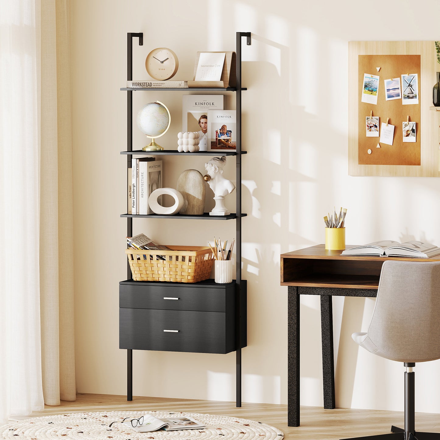 6-Tier Ladder Bookcase with 2 Drawers Wall-Mounted Bookshelf-Black