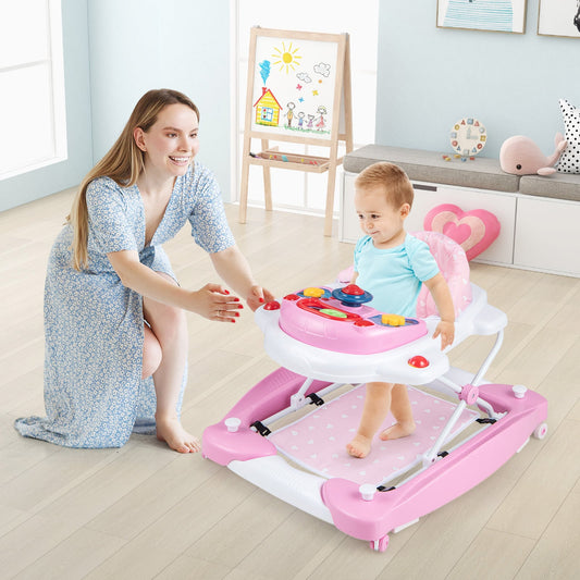 6 in 1 Adjustable Baby Walker Folding Baby Activity Center with Music Lights-Pink