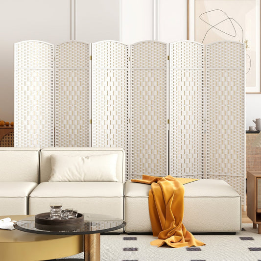 6 Panel Folding Room Divider with Hand-Woven Wicker for Home Office-White