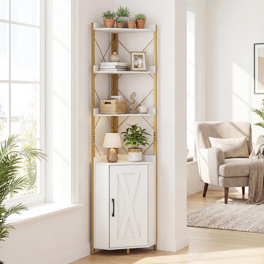 6-Tier Corner Storage Shelf with Door and Raised Edge Protection-White