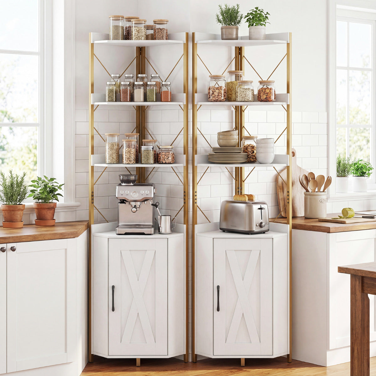 6-Tier Corner Storage Shelf with Door and Raised Edge Protection-White