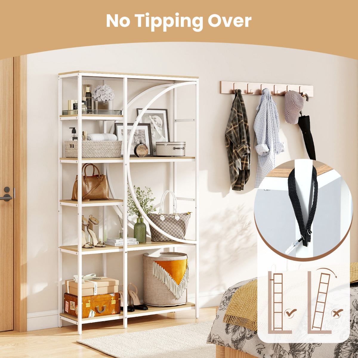 6-Tier Industrial Etagere Bookshelf with Open Storage Shelves and Arc-Shaped Design-Natural