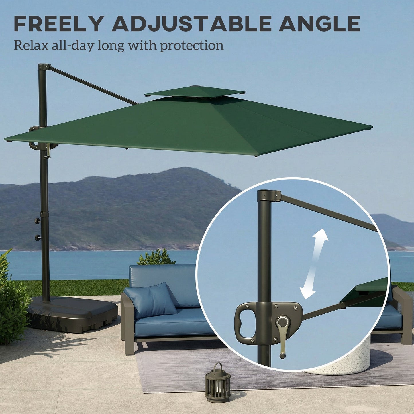 Outsunny Cantilever Parasol with Weighted Base Double Top Garden Parasol Square Hanging Patio Umbrella with Crank Tilt Dark Green