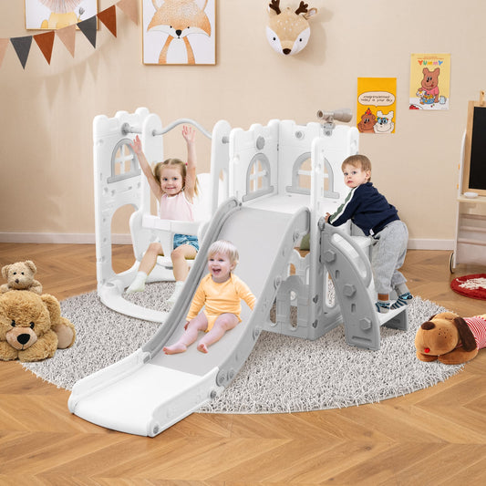 7-in-1 Toddle Slide Set with Swing Seat and Basketball Hoop and Ladder-Grey