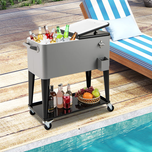 75 L Portable Patio Rolling Ice Chest with Bottom Storage Shelf-Grey