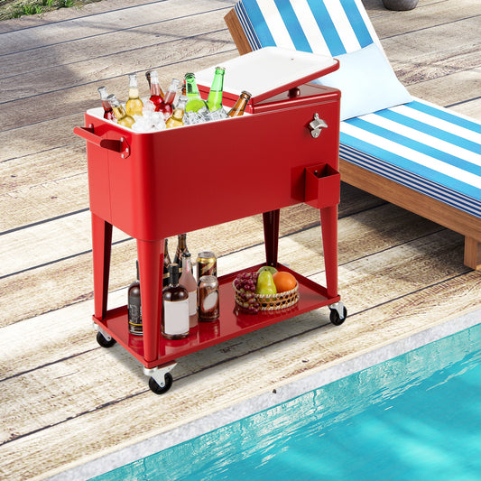 75 L Portable Patio Rolling Ice Chest with Bottom Storage Shelf-Red
