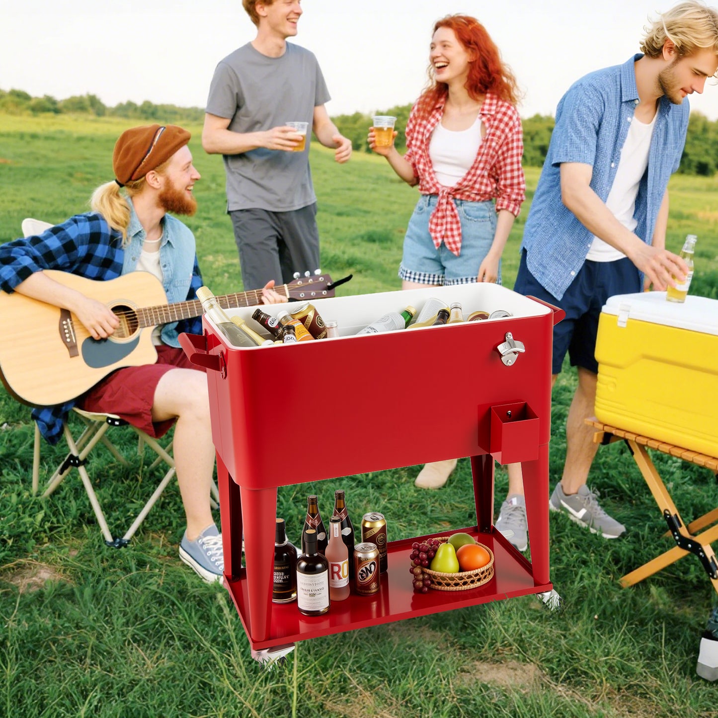 75 L Portable Patio Rolling Ice Chest with Bottom Storage Shelf-Red