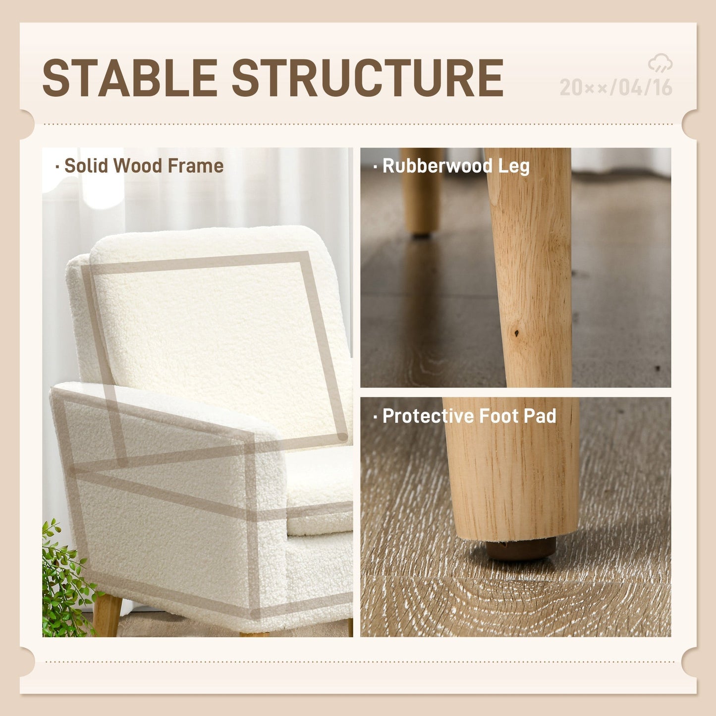 HOMCOM Armchair, Upholstered Accent Chair with Wood Legs and Wide Padded Seat, Teddy Occasional Chair, Cream White