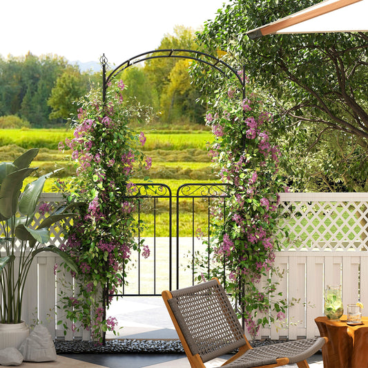 Outsunny Garden Decorative Metal Arch with Gate Outdoor Patio Trellis Arbor for Climbing Plant Archway Antique Black - 108L x 45W x 215Hcm