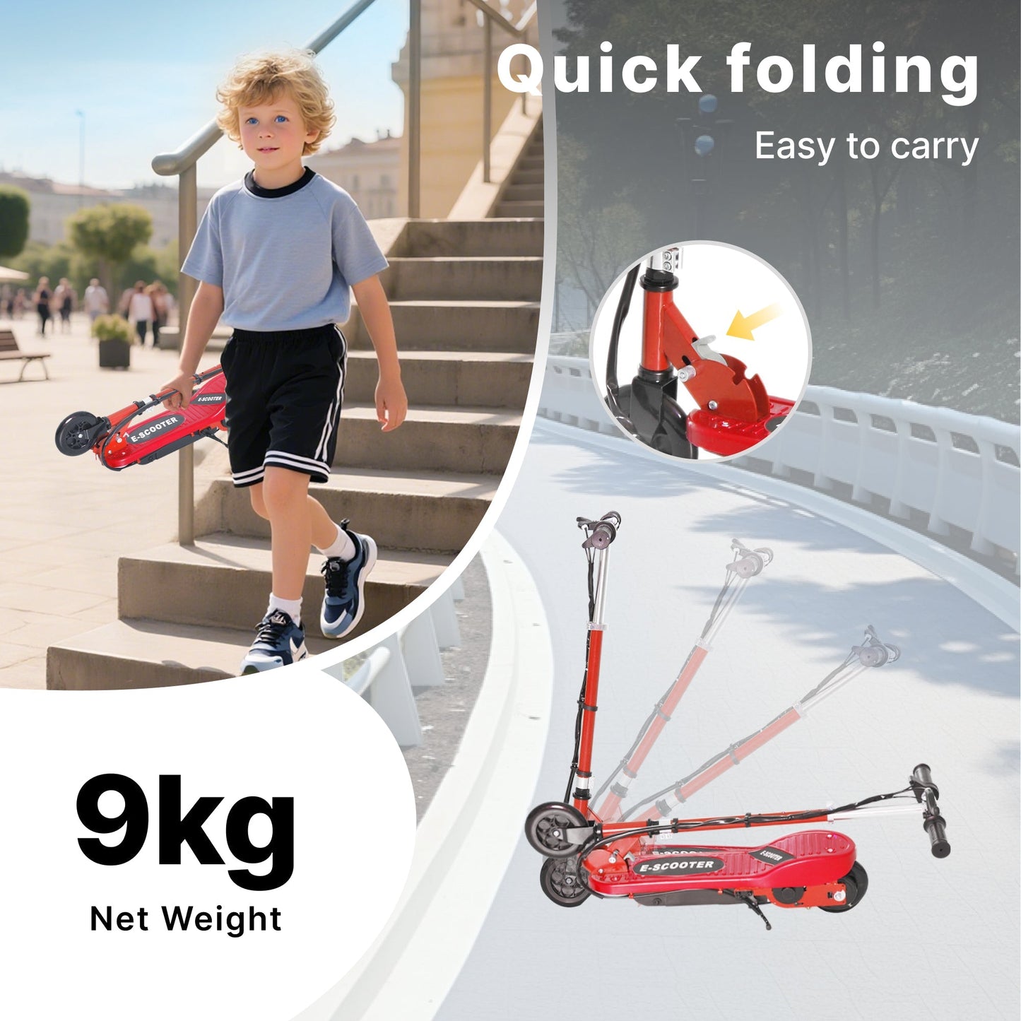 HOMCOM Folding Electric Scooter Rechargeable Kids Ride on 7-14 Age Red/Black