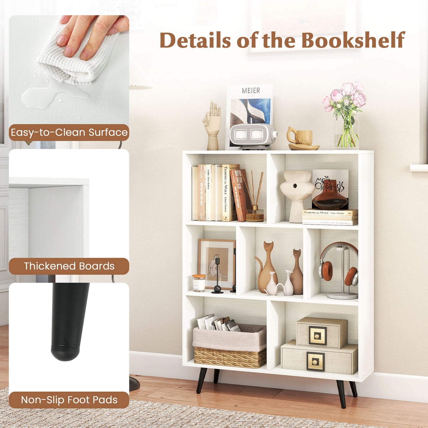 7-Cube Bookcase Mid Century Modern Storage Organizer with 4 Tapered Metal Legs-White