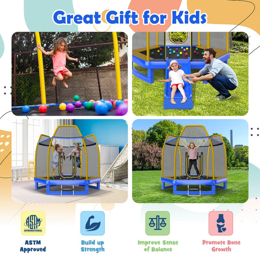 7 Feet Hexagonal Trampoline with Slide and Safety Enclosure Net-Blue