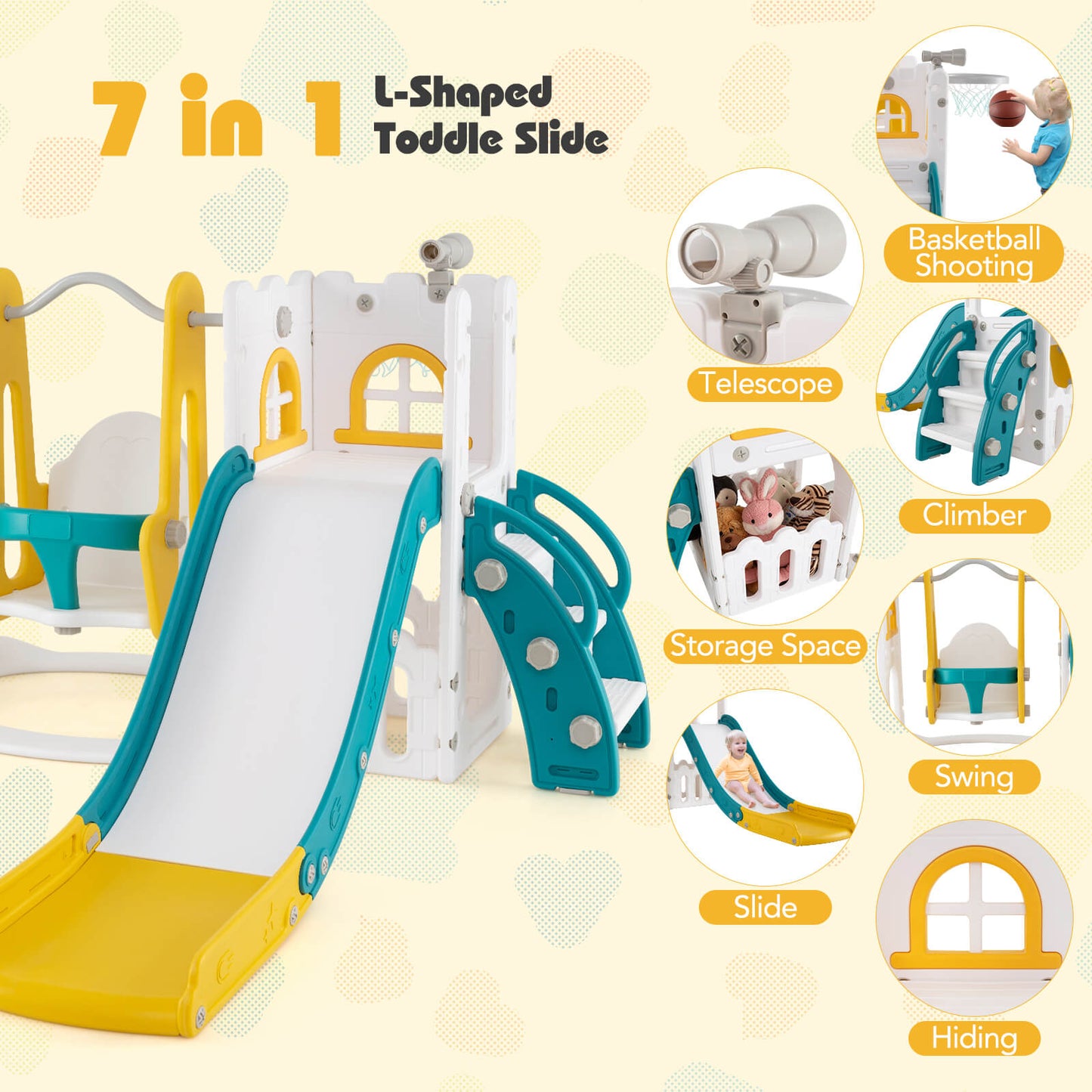 7-in-1 Toddle Slide Set with Swing Seat and Basketball Hoop and Ladder-Yellow