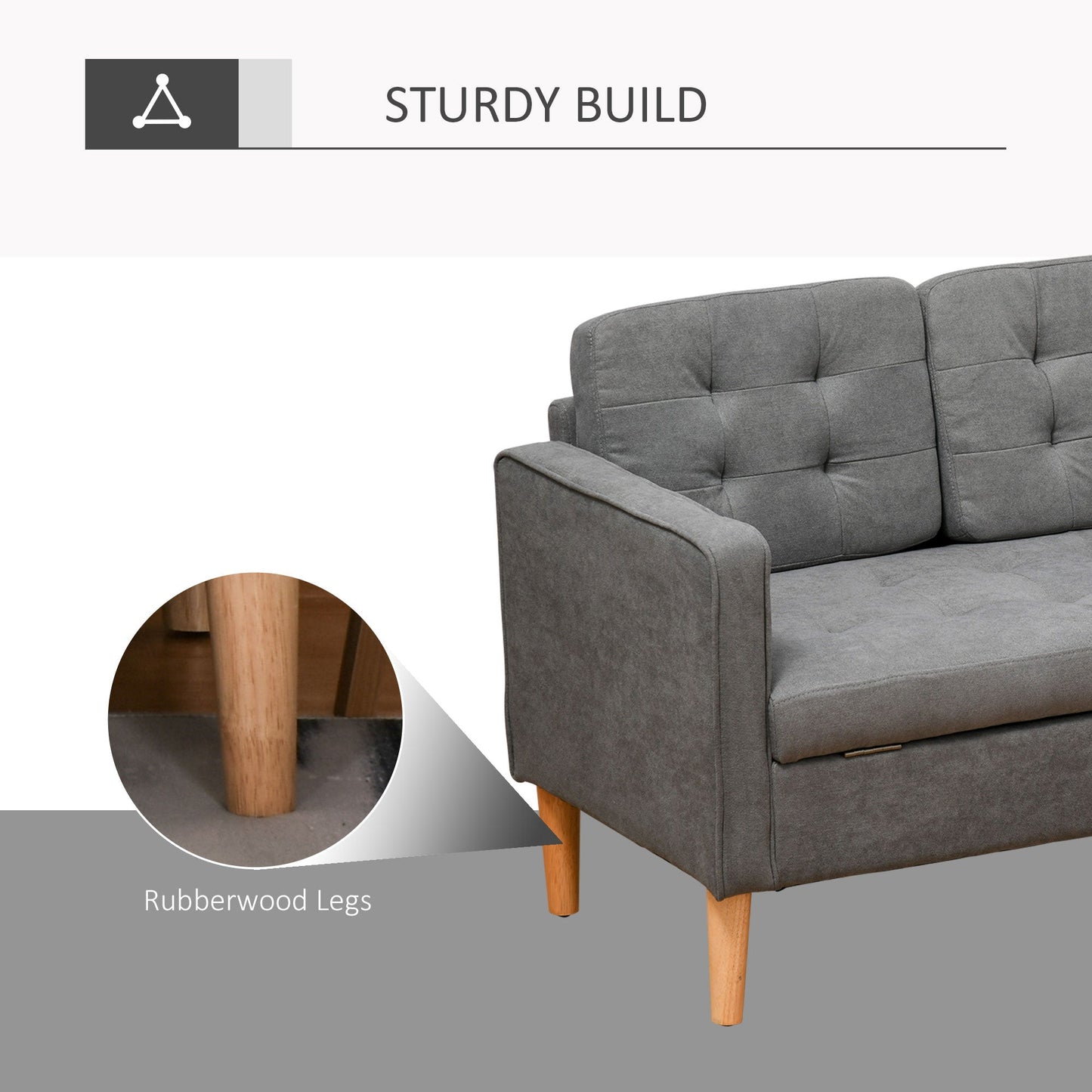 HOMCOM Modern 3 Seater Sofa with Hidden Storage, 169cm Tufted Snow Flannel Couch with Wood Legs, Compact Sofa for Living Room, Grey