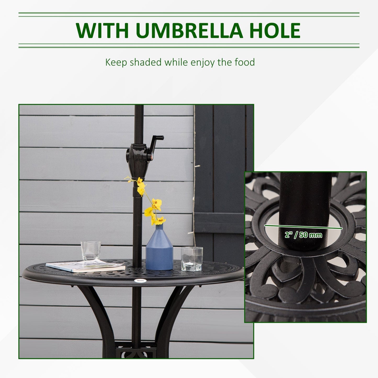 Outsunny 78 cm Round Garden Dining Table with Parasol Hole Antique Cast Aluminium Outdoor Table Only, Black