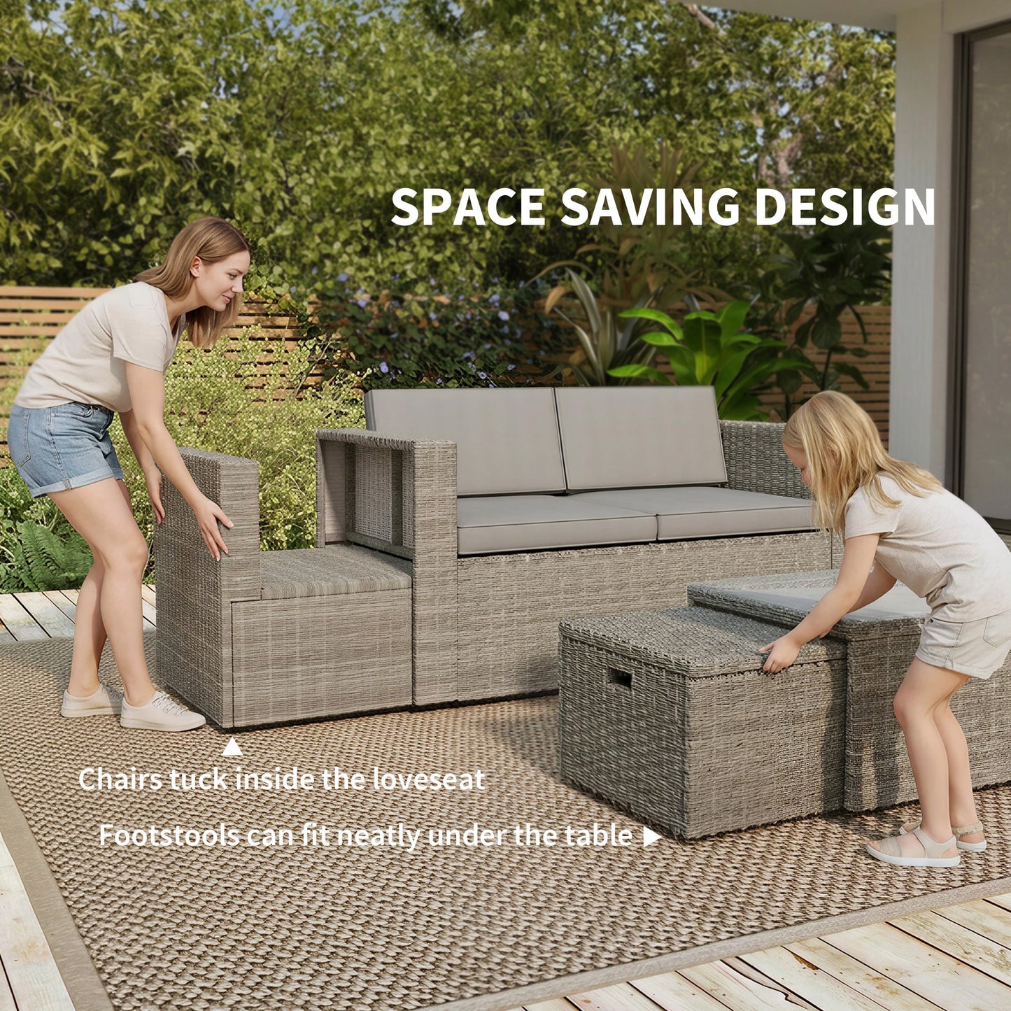 Outsunny 6 Piece Rattan Garden Furniture Set, Nesting Patio Conversation Set with Loveseat, Chairs, Table, Footstools, Dark Grey