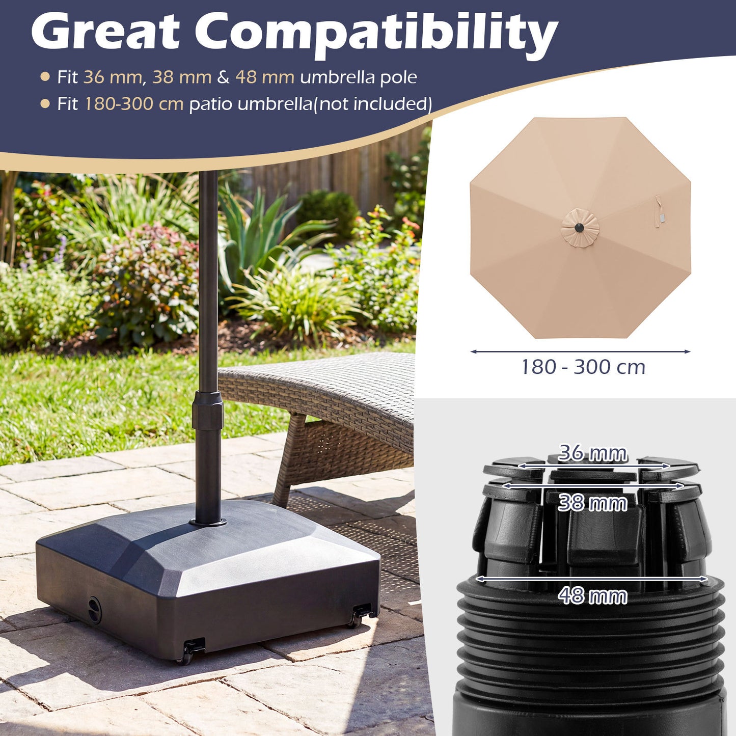 80 kg Fillable Mobile Umbrella Base with 4 Wheels-Black