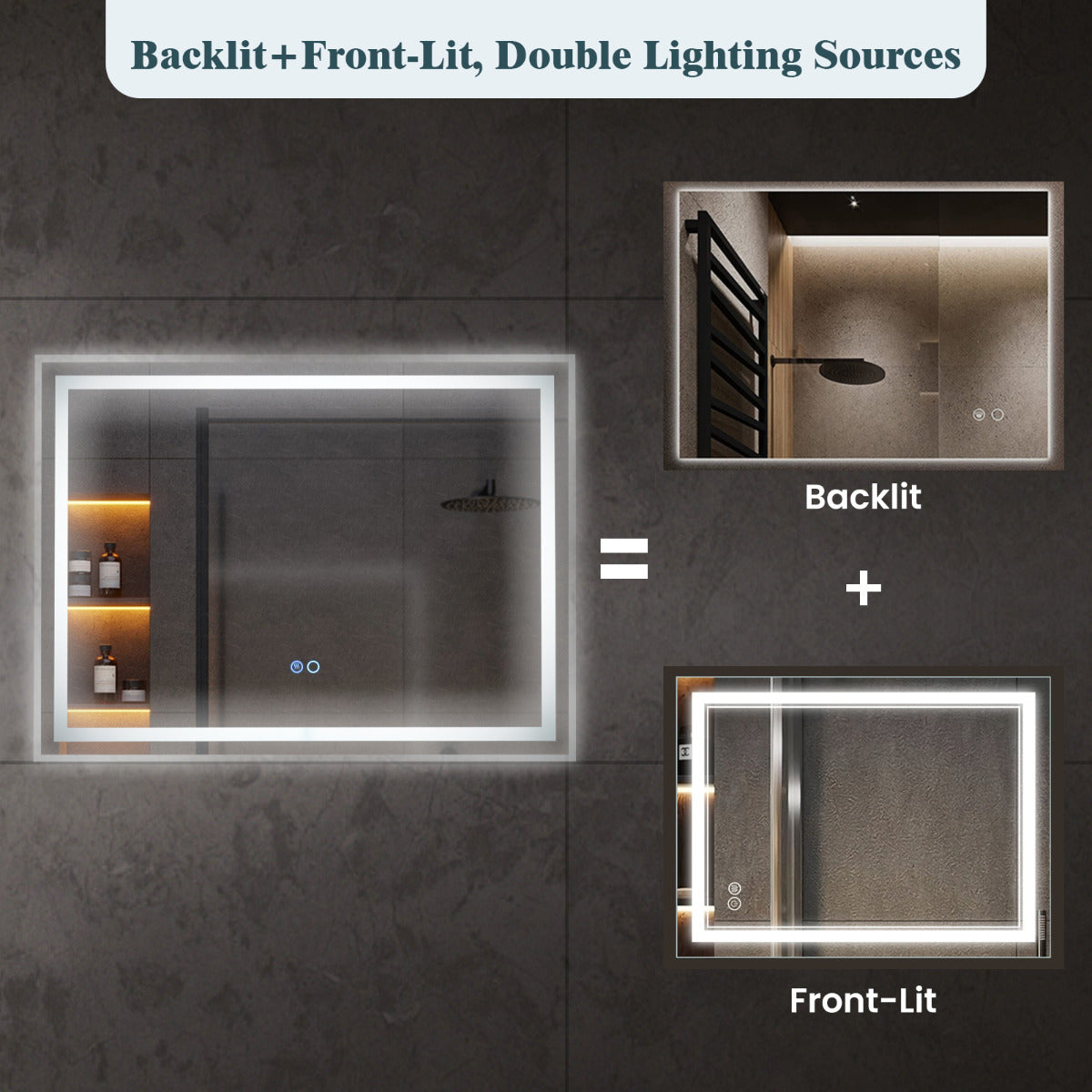 80 x 60 CM LED Bathroom Mirror with 3-Color Dimmable Lights