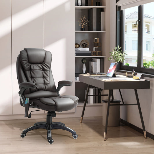 HOMCOM 6-Point Massage Office Chair with Seat Heated for Home Office, PU Leather High Back Executive Desk Chair with Adjustable Height and 360 Swivel for Work Study, Brown