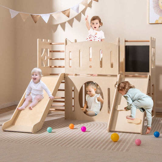 8-in-1 Toddler Slide with Ladders and Toy Storage-Natural