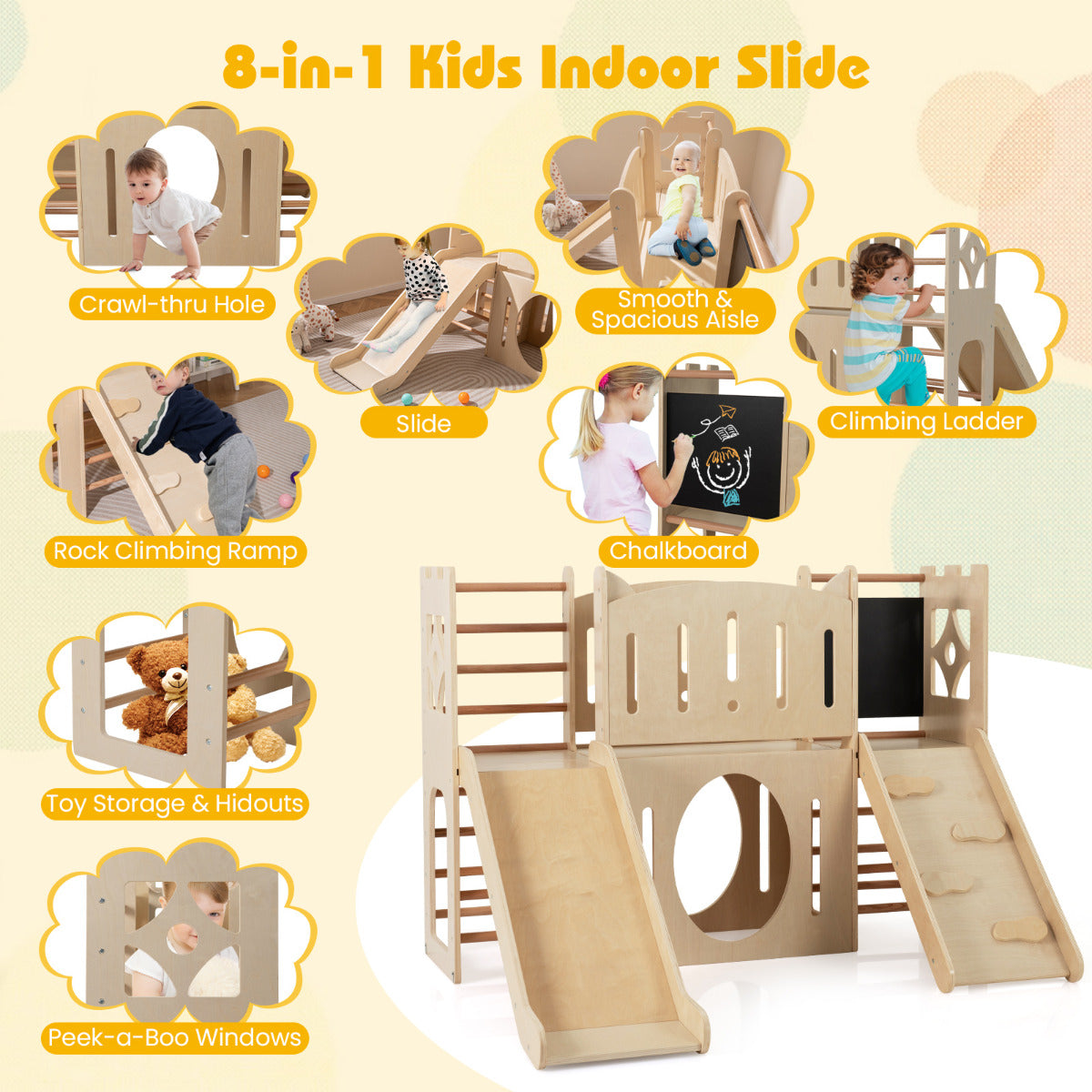 8-in-1 Toddler Slide with Ladders and Toy Storage-Natural