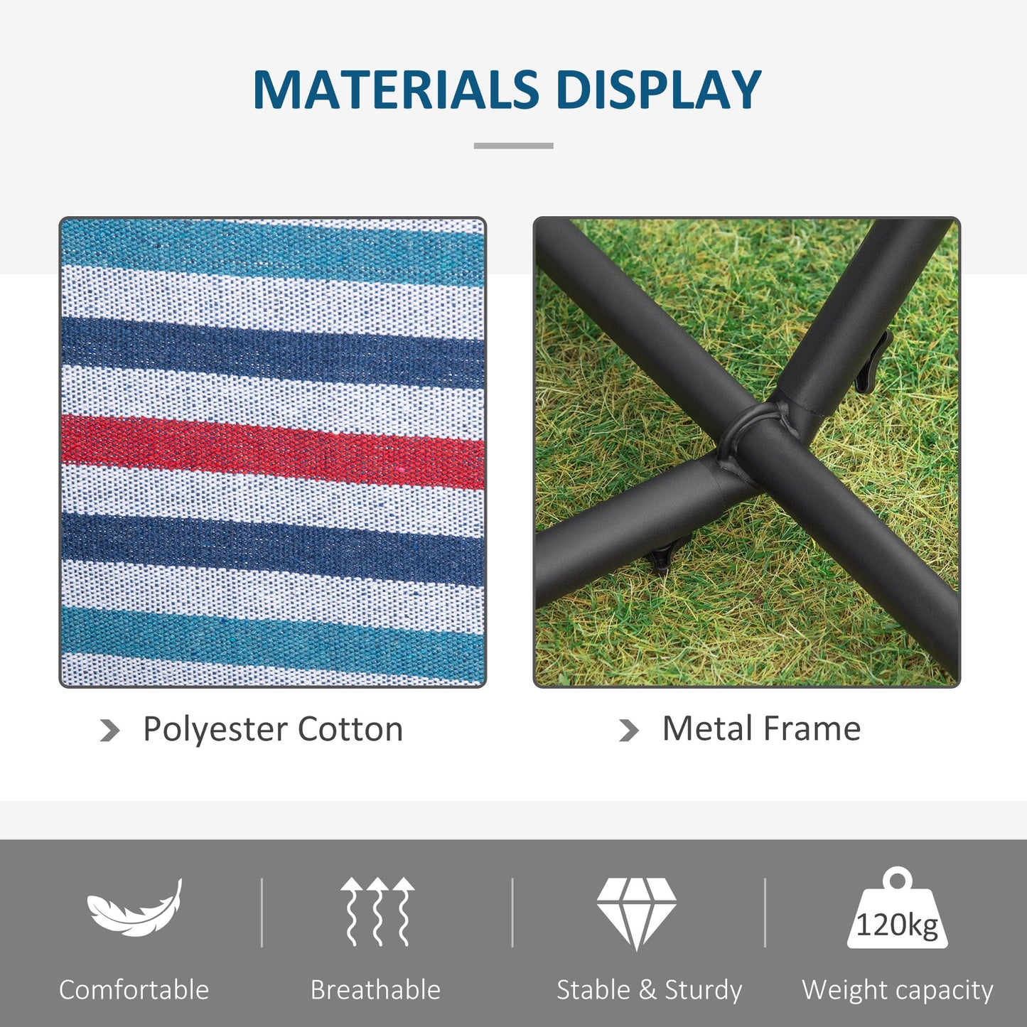 Outsunny 298 x 117cm Hammock with Stand Camping Hammock with Portable Carrying Bag, Adjustable Height, 120kg Load Capacity, Blue and White Stripe