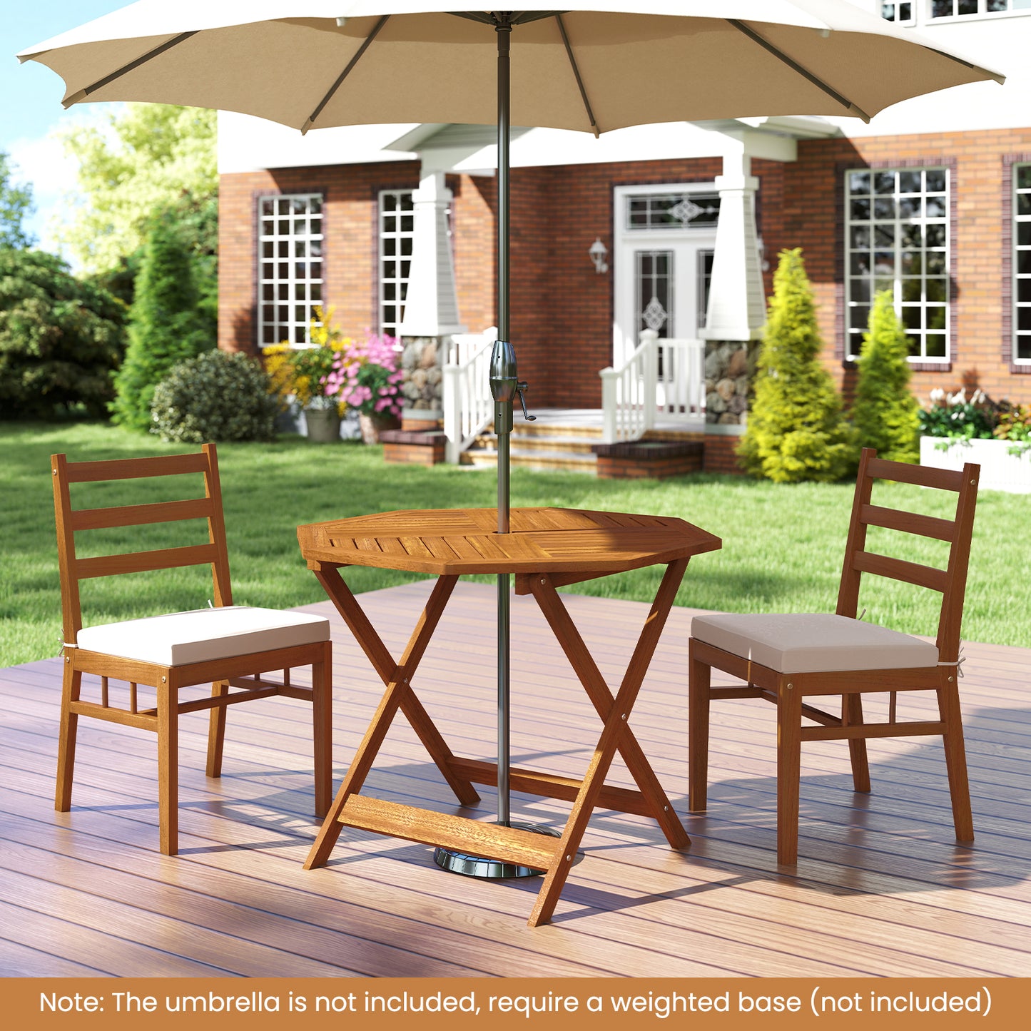 90CM Solid Wood Patio Dining Table with 5cm Umbrella Hole and Slatted Tabletop