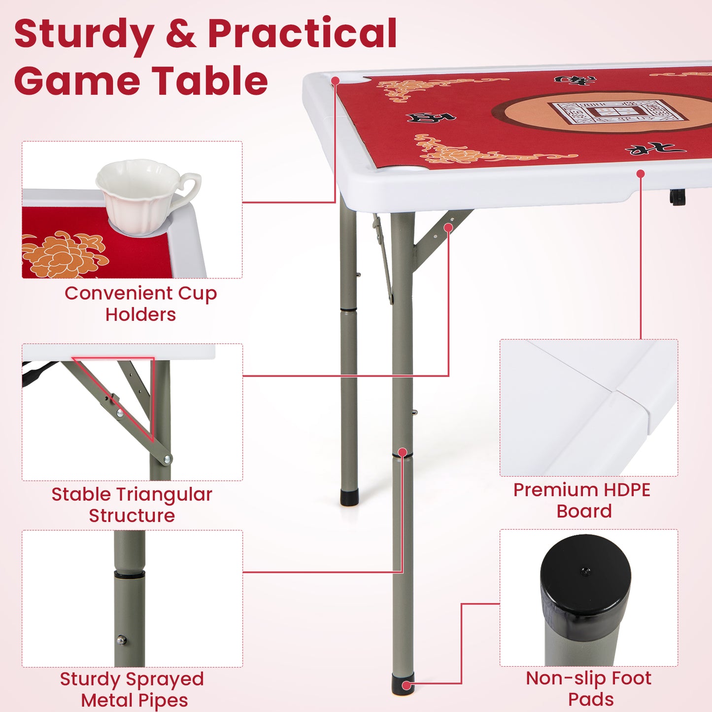 Folding Mahjong Table with Cup Holders and Removable Game Mat-Red
