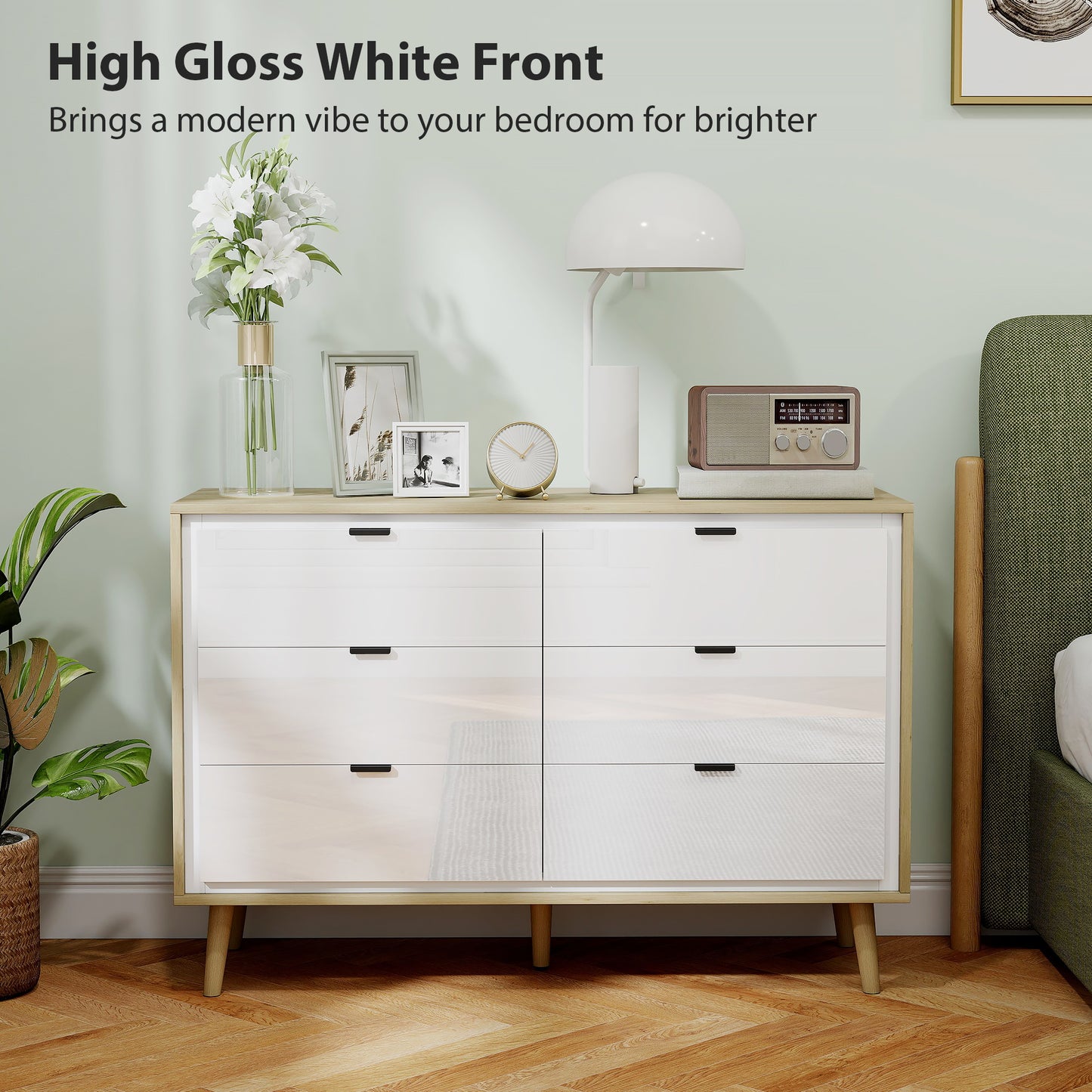 HOMCOM Storage Cabinet, Chest of Drawers with 6 Drawers and 5 Legs for Bedroom, High Gloss White