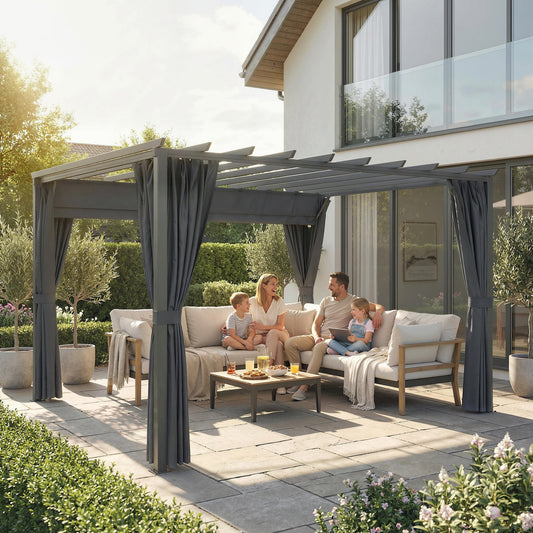 Outsunny 3.6 x 3 m Pergola with Retractable Roof Canopy, Curtains, Aluminium Garden Pergola Gazebo Sun Shade Shelter, Dark Grey