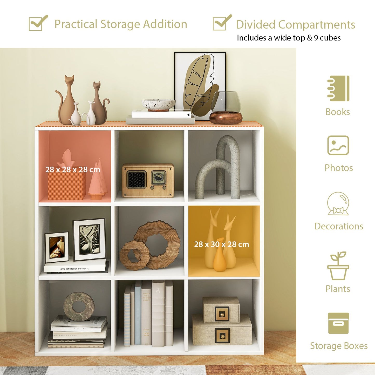 9-Cube Bookshelf with 2 Anti-Tipping Kits Playroom Living Room-White