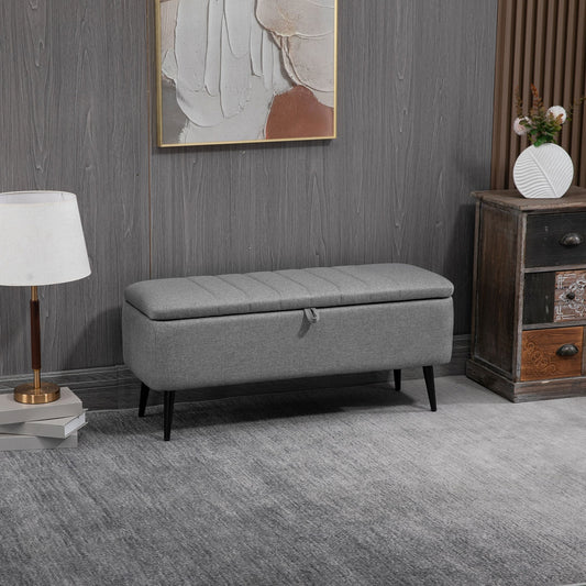 HOMCOM Storage Ottoman with Flip Top, Rectangular Upholstered Bench, Linen Look Fabric Footstool with Steel Legs for Living Room, Bedroom, Grey