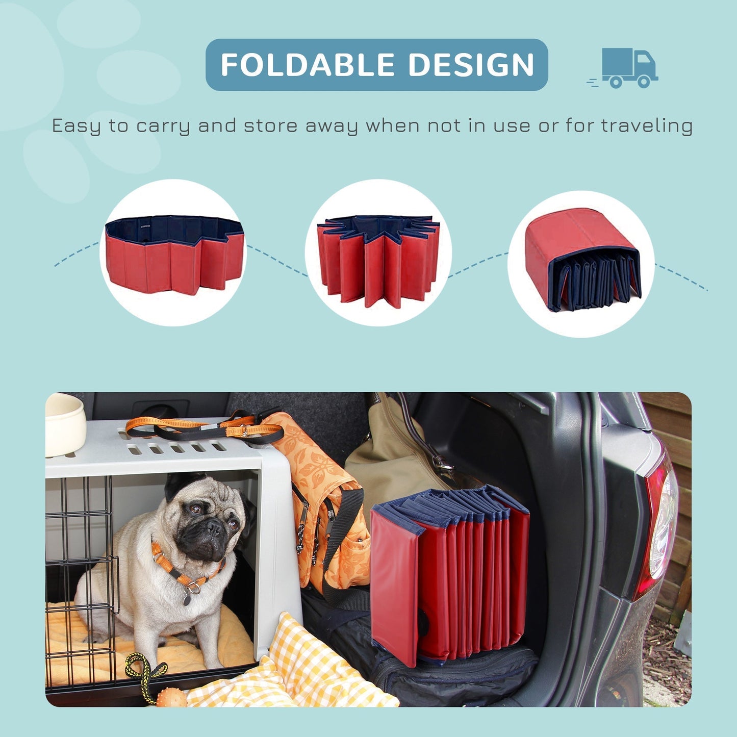PawHut Dog Paddling Pool, Foldable Dog Pool, Leakproof & Hard Plastic, Portable Pet Bathtub with Non-Slip Base & Drainage Hole, for Indoors, Outdoors, Garden, Patio, 120 x 30 cm, Red