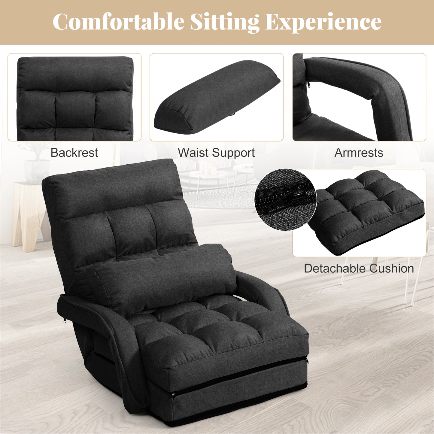 Adjustable Folding Floor Lazy Chair with Pillow-Dark Grey